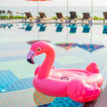 flamingo float around swimming pool in hotel resort with umbrell